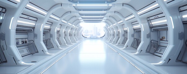 Sci Fi hi tech futuristic interior of space ship corridor. Generated AI - obrazy, fototapety, plakaty