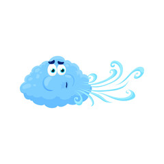 Cartoon wind character, isolated vector light blue whimsical cloud blowing swirling air flows from mouth. Playful, energetic and environmental friendly puffy weather personage for windy forecast