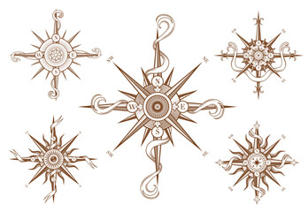 Vintage wind rose compass with medieval antique ribbons. Sea travel cartography latitude, geography map compass or ocean sailing wind rose etching vector icon. Nautical navigation direction sign © Vector Tradition