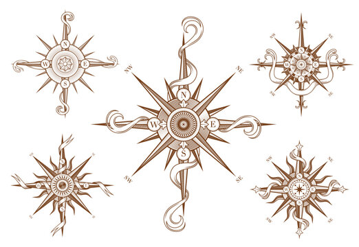 Vintage wind rose compass with medieval antique ribbons. Sea travel cartography latitude, geography map compass or ocean sailing wind rose etching vector icon. Nautical navigation direction sign
