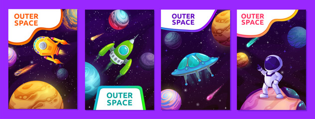 Cartoon space posters and banners with galaxy planets, alien UFO spaceship and stars, vector backgrounds. Spaceman in galaxy outer space with rocket shuttles and galactic spacecraft in universe