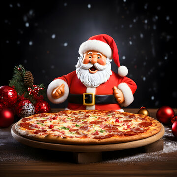 Photo cartoon illustration pizza with santa fast food Christmas discount offer Xmas fast food deals