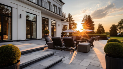 grande villa d'architecte moderne et luxueuse avec piscine et jardin paysager le soir sur la terrasse