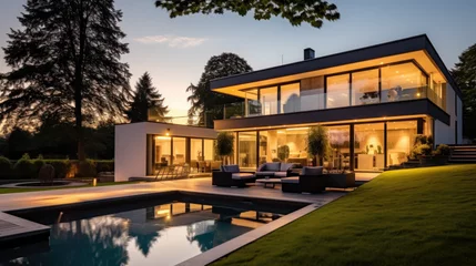 Fotobehang grande villa d'architecte moderne et luxueuse avec piscine et jardin paysager le soir avec illumination intérieure © Sébastien Jouve