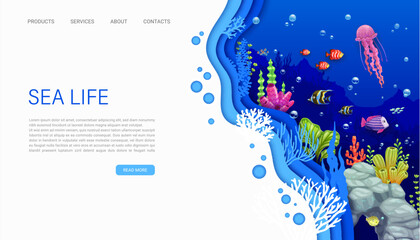 Landing page, underwater paper cut or sea landscape with fish and seaweeds, vector website template. Undersea world or ocean coral reef landing page or web background with papercut jellyfish - obrazy, fototapety, plakaty