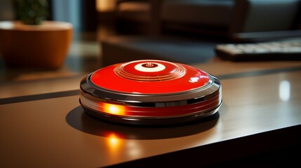 A medical alert system with a red button displayed on a table.