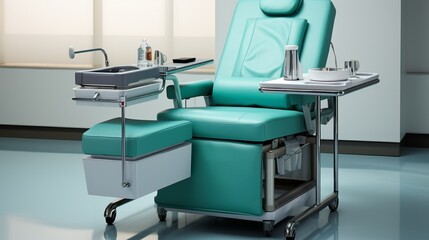 A phlebotomy chair with armrests and a tray for equipment.