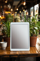 Digital tablet device on wooden table in cozy room and cafeteria with flowers and a mug of coffee