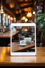Digital tablet device on wooden table in cozy room and cafeteria with flowers and a mug of coffee