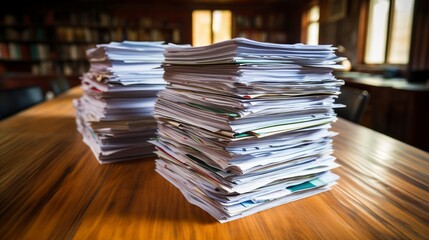 A stack of medical reports neatly organized on a wooden desk. - obrazy, fototapety, plakaty