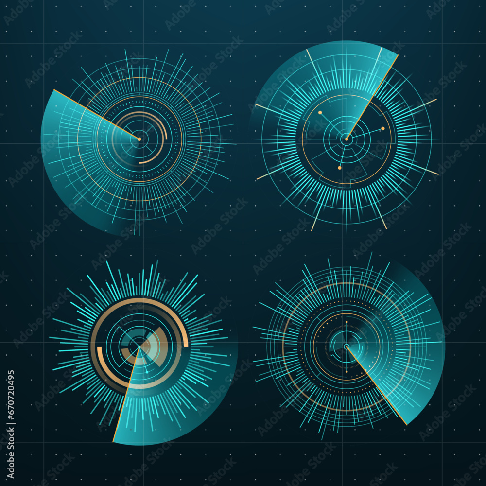 Poster Round circle futuristic charts, HUD interface. Future technology infographic vector elements, digital screen hologram of circular graphs and charts. Space game head up display control panel diagrams