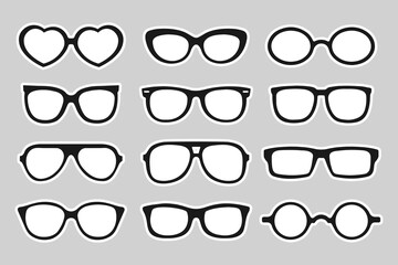 Collection of trendy hipster sunglasses. Fashion sunglasses, black silhouettes, summer accessory. Icons, stickers, vector - obrazy, fototapety, plakaty
