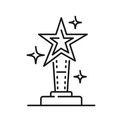 Award trophy star statue on pedestal, champion glory in competition, video and movie production reward. Hollywood fame in film, celebrity leadership prize