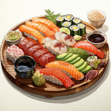 Watercolor Fresh seafood collection sushi plate with variety Clipart, Generative Ai