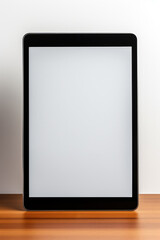 Digital tablet device on wooden table on gray background