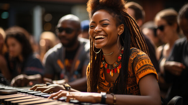 An urban street festival with participants from different cultural backgrounds