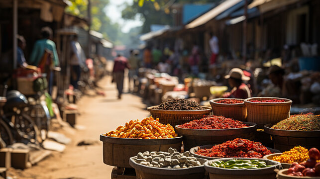 A colorful market with vendors from different ethnic groups