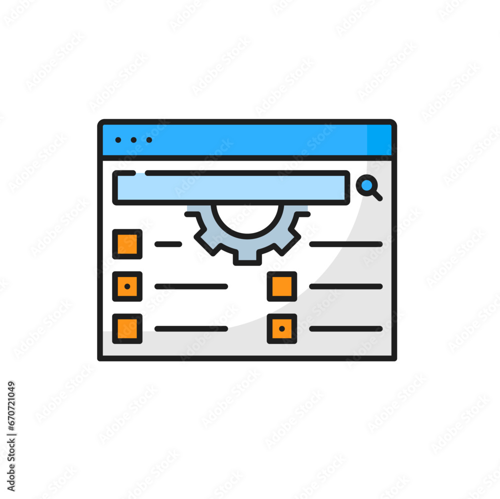 Poster serp settings icon of search engine result page, web marketing and internet advertising optimization