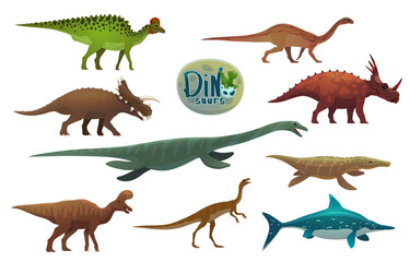 Cartoon dinosaurs, ancient reptiles characters. Prehistoric reptile vector personages. Mussaurus, Elaphrosaurus, Avaceratops and Corythosaurus, Lambeosaurus, Styracosaurus dinosaurs characters