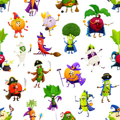 Cartoon Halloween vegetable characters seamless pattern. Wrapping paper print vector pattern with garlic fairy, broccoli sorcerer, beet mage, cucumber and tomato pirate, eggplant zombie cute personage