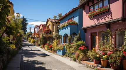 Fototapeta premium A multicultural neighborhood with colorful houses and gardens