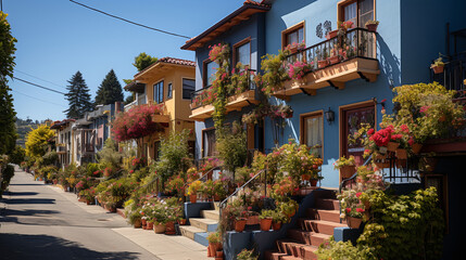 A multicultural neighborhood with colorful houses and gardens - obrazy, fototapety, plakaty