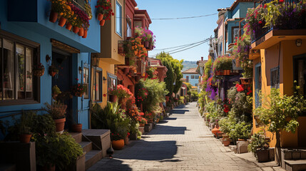 Fototapeta premium A multicultural neighborhood with colorful houses and gardens