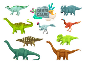Cartoon dinosaurs ancient reptiles cute characters. Extinct reptiles funny vector personages. Jaxartosaurus, Magyarosaurus, Elmisaurus and Garudimimus, Pachyrhinosaurus, Struthiosaurus dinosaur mascot