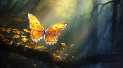  a painting of a butterfly sitting on a branch in the middle of a forest with sunlight streaming through the trees.  generative ai