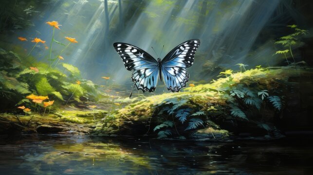  a painting of a butterfly in the middle of a forest with sunlight streaming through the leaves and flowers on the ground.  generative ai