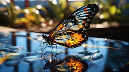  a close up of a butterfly on a glass surface with water droplets on the surface and plants in the background.  generative ai