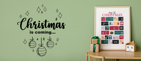 Christmas advent calendar, gifts and text CHRISTMAS IS COMING on green background