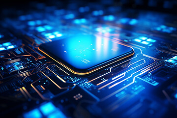 Abstract background of technology in perspective view. Concept of data processing, memory chip, chip technology, semiconductor chip, chip industry, digital technology, innovation.