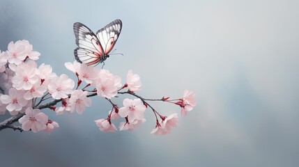  a butterfly sitting on a branch of a cherry blossom tree with pink flowers in the foreground and a blue sky in the background.  generative ai