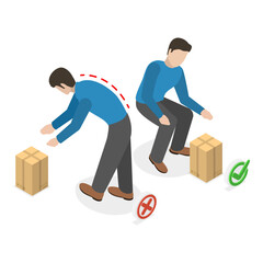 3D Isometric Flat Vector Illustration of How To Carry Heavy Goods, Safe and Incorrect Weights Lifting. Item 3