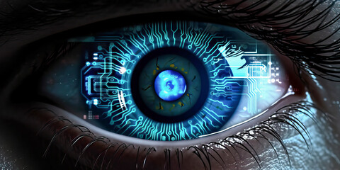 Digital Eye with Intricate Circuitry in the Iris. vision caucasian system futuristic concept ocular science human technology eye access sensor data tech digital