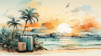 a painting of a beach with luggage and palm trees