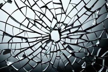 Obraz premium Broken glass texture background. Fragility and violence concept, cracked glass object on dark background, smashed glass texture, shards of broken glass