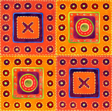 Watercolor elements. Colorful patchwork squares. Embroidery, sewing, ceramics pieces.Fabric, texture, background for bed linen, wallpapers, napkins, wrapping paper. 