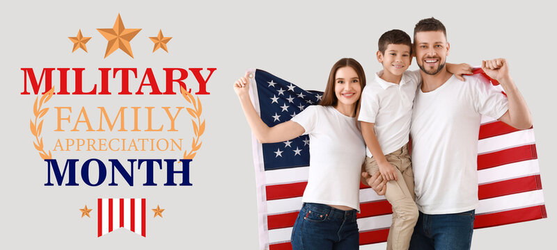 Family with USA flag on light background. National Military Family Appreciation Month - November - Powered by Adobe