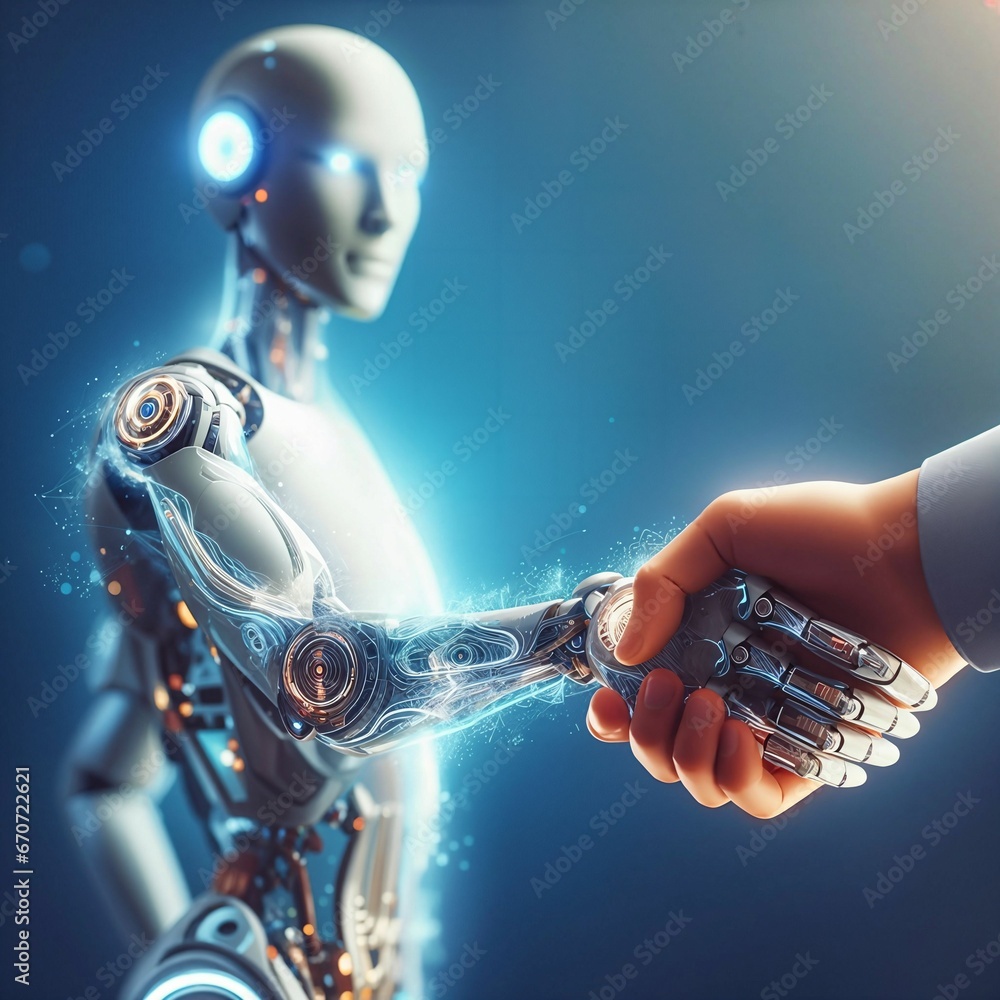 Fototapete closeup of handshake between a human and an ai robot. shaking hands between human and cyborg robot. 