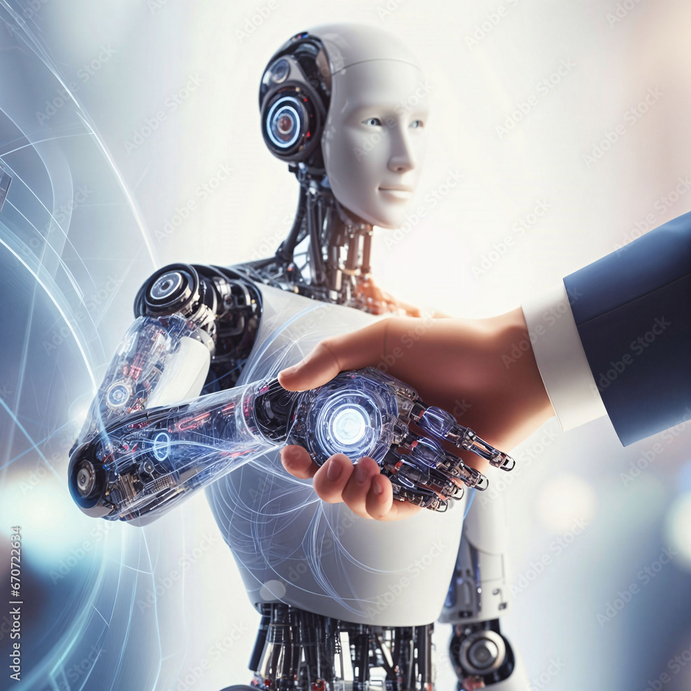 Fototapete closeup of handshake between a human and an ai robot. shaking hands between human and cyborg robot. 