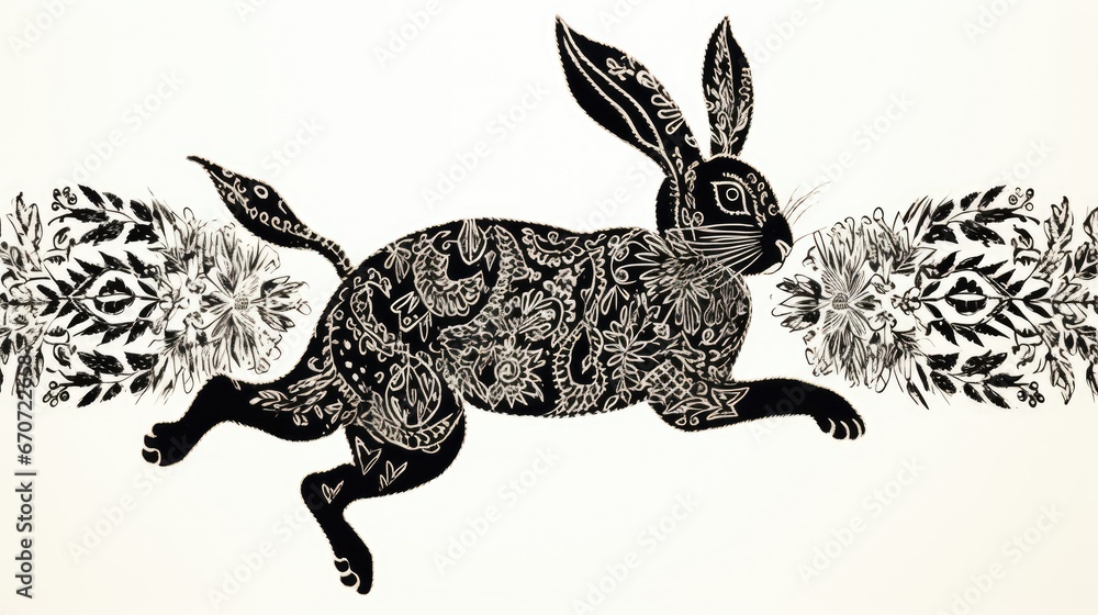 Poster a black and white drawing of a rabbit with a floral pattern on it's body, running through a field of