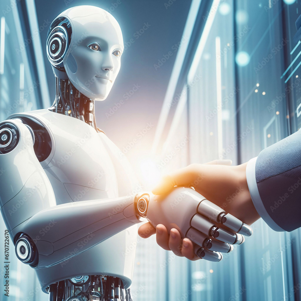 Poster closeup of handshake between a human and an ai robot. shaking hands between human and cyborg robot. 