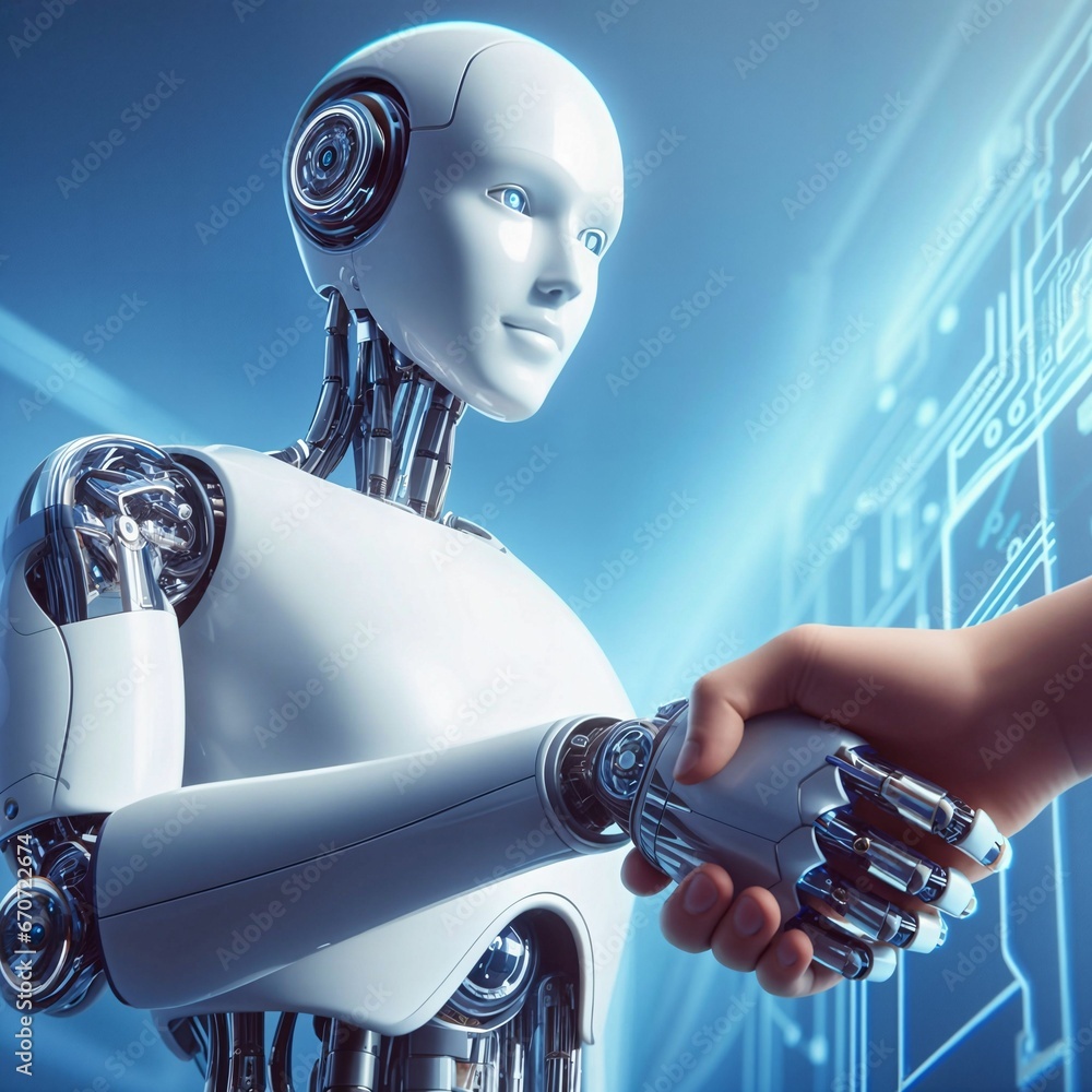 Poster closeup of handshake between a human and an ai robot. shaking hands between human and cyborg robot. 
