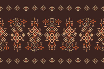Ethnic geometric fabric pattern Cross Stitch.Ikat embroidery Ethnic oriental Pixel pattern brown background. Abstract,vector,illustration. Texture,clothing,frame,decoration,motifs,silk wallpaper.