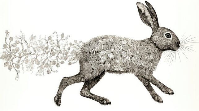  a black and white drawing of a rabbit with leaves on it's back and a branch in the background.  generative ai