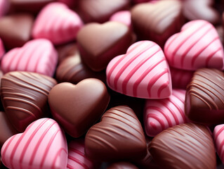 Valentine's Day background with heart shaped chocolate candies.