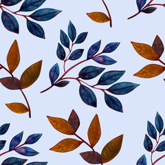 Stylized leaves in a seamless watercolor pattern on a light background. Fabric, texture, background for bed linen, wallpapers, napkins, wrapping paper. Endless botanical ornament.