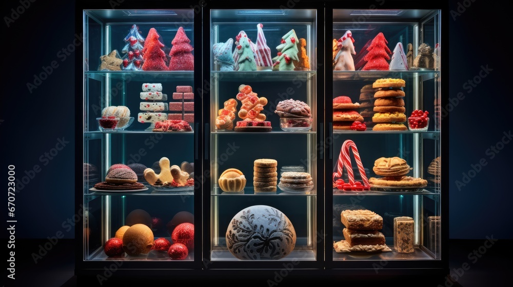 Poster a display case filled with lots of different types of cakes and pastries in a dark room with blue li